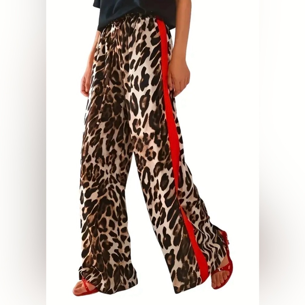 NWOT Leopard Print Wide-Leg Pants with Red Stripe